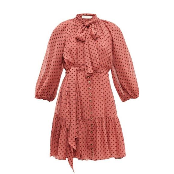 Zimmermann Polka Dot Bow Chiffon Mini Dress in Burgundy - Picture 8 of 14